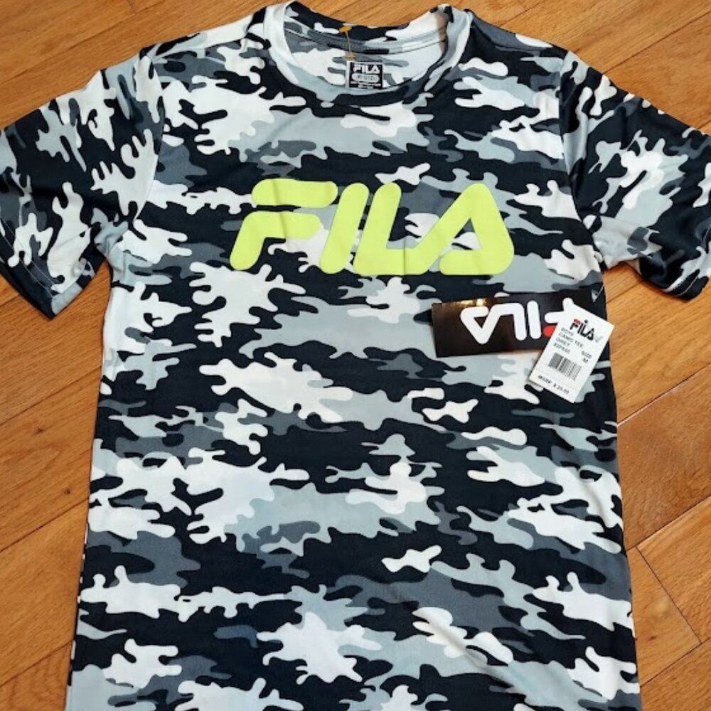 Fila Camo Boys Med Tee Grey Black White Youth T-Shirt Camo Gray Med‎ 10/12 New